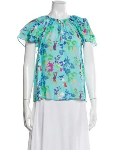 Pre-owned Tanya Taylor Floral Print Crew Neck Blouse In Blue