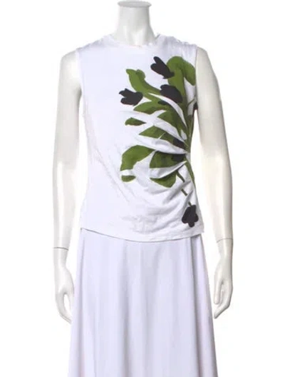 Pre-owned Tanya Taylor Floral Print Crew Neck Top In White