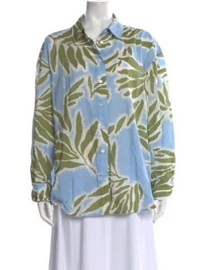 Pre-owned Tanya Taylor Floral Print Long Sleeve Button-up Top In Blue