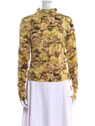 Pre-owned Tanya Taylor Floral Print Mock Neck Blouse W/ Tags In Yellow