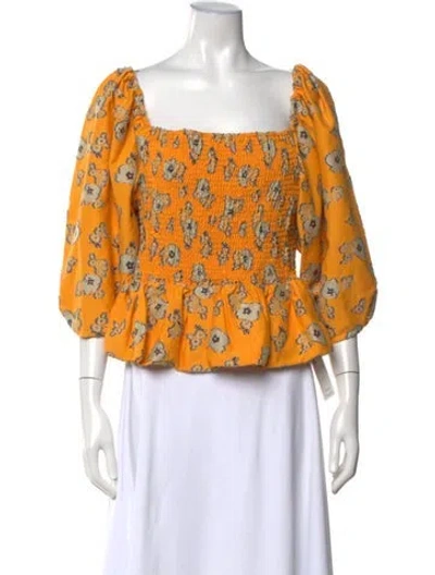 Pre-owned Tanya Taylor Floral Print Square Neckline Top In Yellow