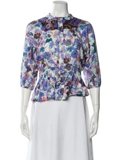 Pre-owned Tanya Taylor Floral Print Three-quarter Sleeve Blouse In White