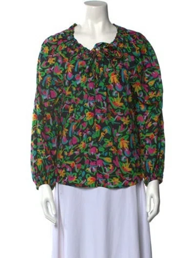 Pre-owned Tanya Taylor Floral Print Tie Neck Blouse In Black