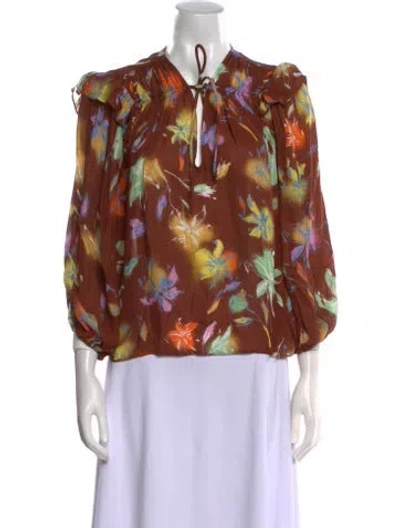 Pre-owned Tanya Taylor Floral Print Tie Neck Blouse In Brown