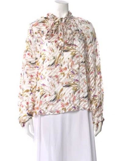 Pre-owned Tanya Taylor Floral Print Tie Neck Blouse W/ Tags In White