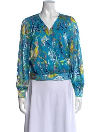 Pre-owned Tanya Taylor Floral Print V-neck Blouse In Blue