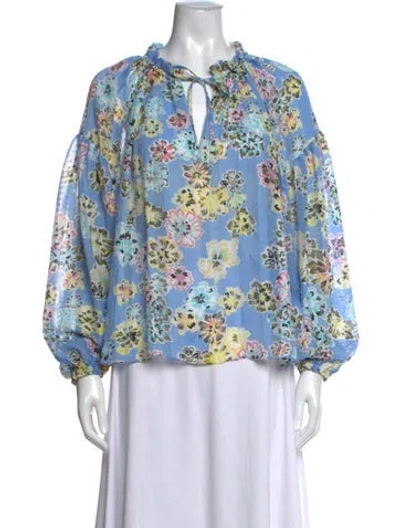 Pre-owned Tanya Taylor Floral Print V-neck Blouse In Blue