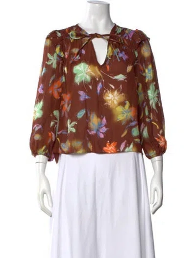 Pre-owned Tanya Taylor Floral Print V-neck Blouse In Brown