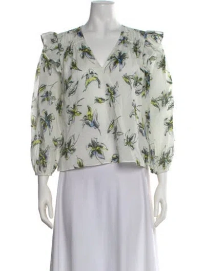 Pre-owned Tanya Taylor Floral Print V-neck Blouse In White