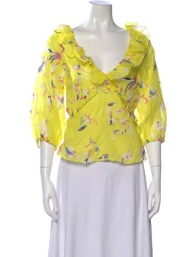 Pre-owned Tanya Taylor Floral Print V-neck Blouse In Yellow