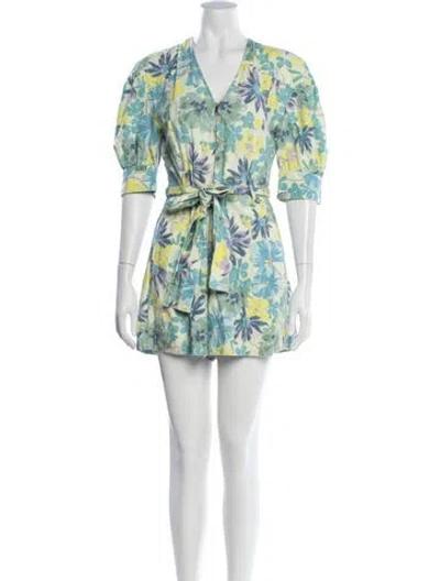 Pre-owned Tanya Taylor Floral Print V-neck Romper In Blue