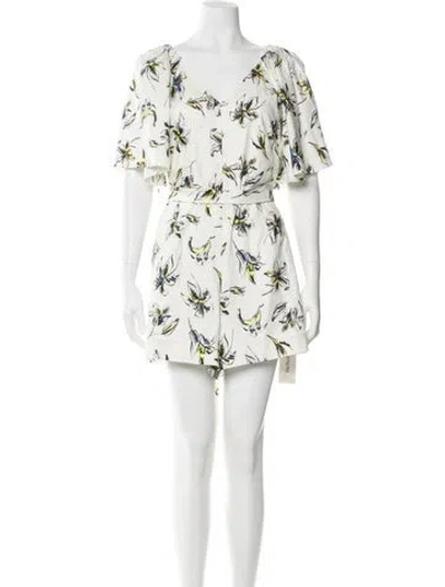 Pre-owned Tanya Taylor Floral Print V-neck Romper In White