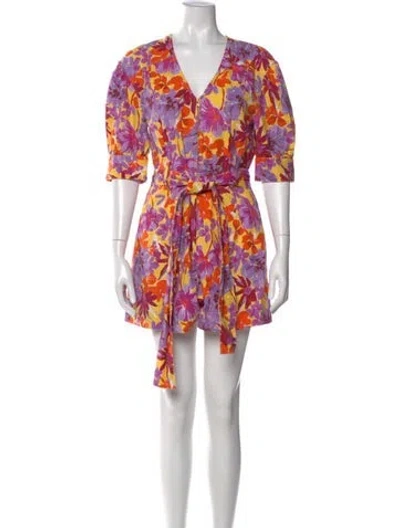 Pre-owned Tanya Taylor Floral Print V-neck Romper In Yellow