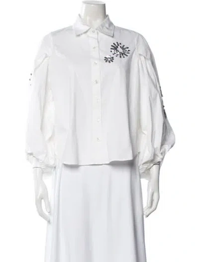 Pre-owned Tanya Taylor Graphic Print Long Sleeve Button-up Top In White