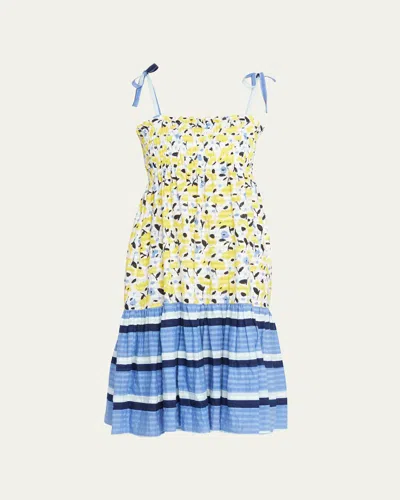 Tanya Taylor Leandra Mixed-print Smocked Midi Dress In Yellow