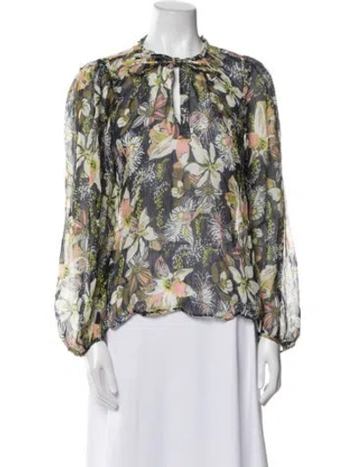 Pre-owned Tanya Taylor Linen Floral Print Blouse In Blue