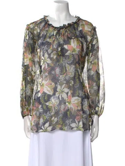 Pre-owned Tanya Taylor Linen Floral Print Blouse In Blue