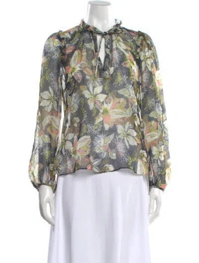 Pre-owned Tanya Taylor Linen Floral Print Blouse In Blue