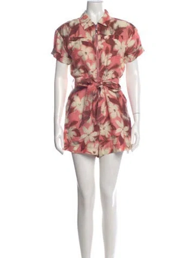 Pre-owned Tanya Taylor Linen Floral Print Romper W/ Tags In Pink