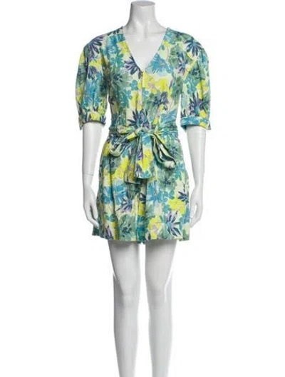 Pre-owned Tanya Taylor Linen Printed Romper In Blue