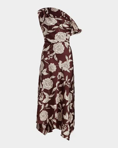 Tanya Taylor Loretta Floral Satin One-shoulder Midi Dress In Brown