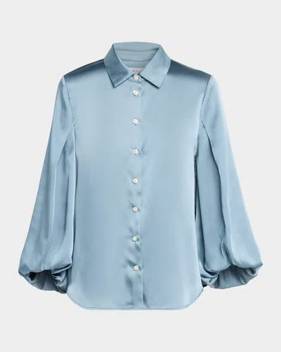 Tanya Taylor Marina Long-sleeve Satin Blouse In Blue