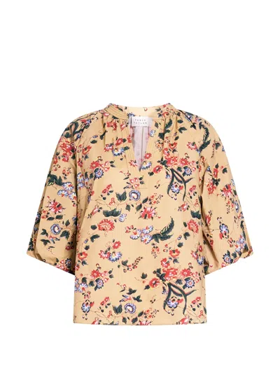 Tanya Taylor Marine Floral-print Puff-sleeve Top In Neutrals