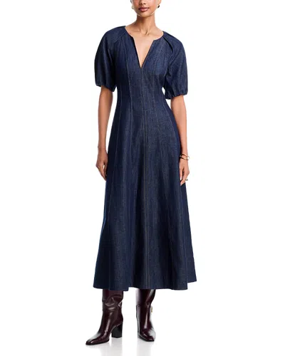 Tanya Taylor Piper Cotton Split Neck Midi Dress In Blue