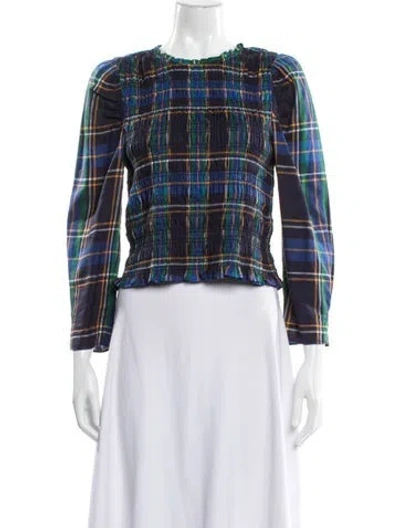 Pre-owned Tanya Taylor Plaid Print Crew Neck Blouse In Blue