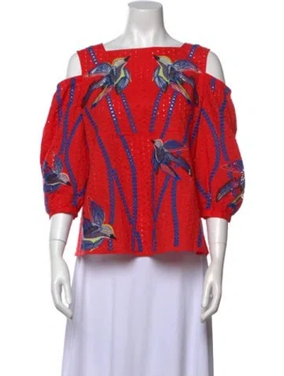 Pre-owned Tanya Taylor Printed Square Neckline Blouse In Red