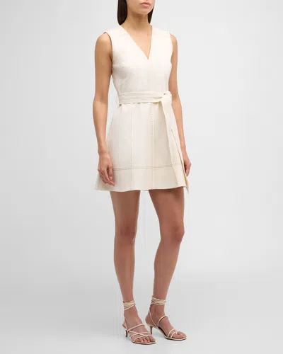 Tanya Taylor Reina Sleeveless Belted V-neck Denim Mini Dress In Chalk