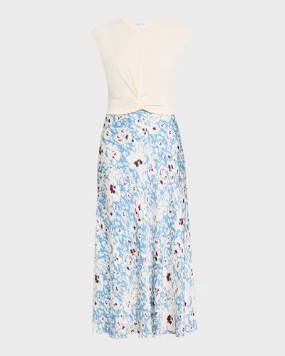 Tanya Taylor Rosabeth Short-sleeve Floral Combo Midi Dress In Cream/ Blue Bird Mul