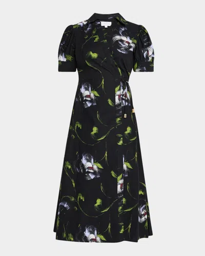 Tanya Taylor Shivon Printed Short-sleeve Wrap Dress In Black/periwinkle Mul