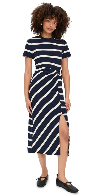 Tanya Taylor Short Sleeve Striped Cody Dress Maritime Blue/cream Wide Strip In Black