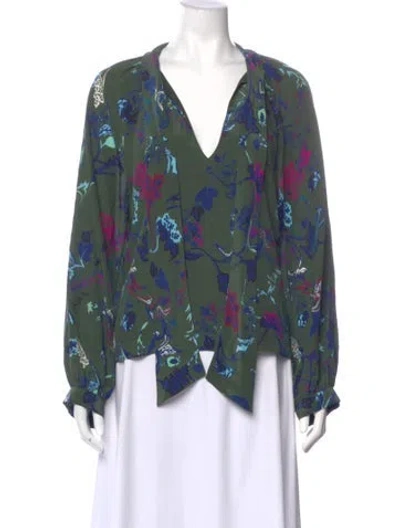 Pre-owned Tanya Taylor Silk Floral Print Blouse In Green