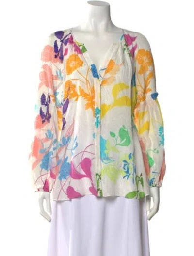 Pre-owned Tanya Taylor Silk Floral Print Blouse In White