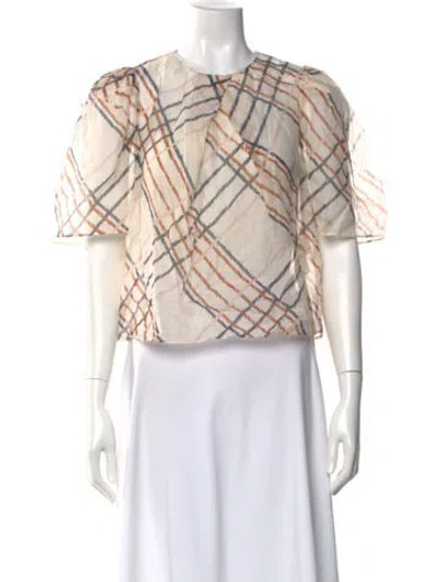 Pre-owned Tanya Taylor Silk Plaid Print Blouse In Neutral