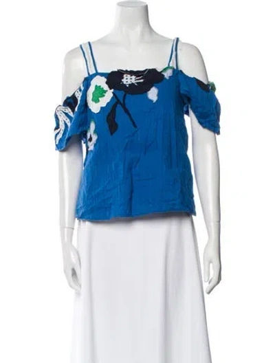 Pre-owned Tanya Taylor Square Neckline Short Sleeve Crop Top In Blue