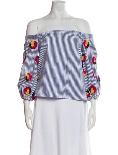 Pre-owned Tanya Taylor Striped Off-the-shoulder Blouse In Blue
