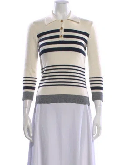 Pre-owned Tanya Taylor Striped Three-quarter Sleeve Polo In Neutral