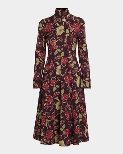 Tanya Taylor Thea Floral Turtleneck Midi Dress In Dark Fig M