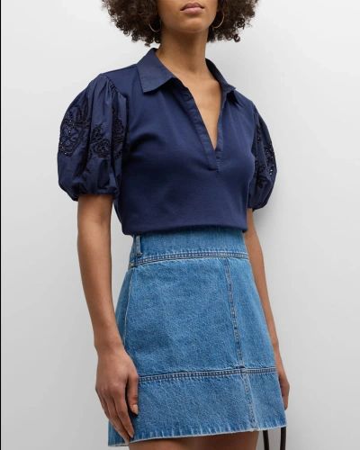 Tanya Taylor Tory Puff-sleeve Embroidery Collared Poplin Top In Maritime Blue
