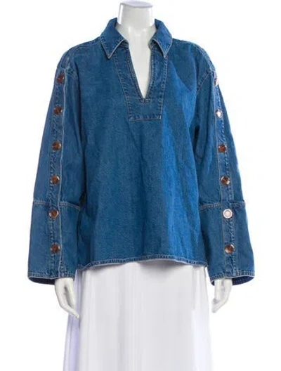 Pre-owned Tanya Taylor V-neck Long Sleeve Top In Blue