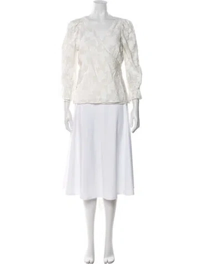 Pre-owned Tanya Taylor V-neck Three-quarter Sleeve Blouse In White