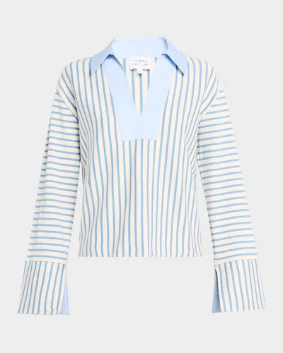 Tanya Taylor Whitney Rugby Stripe Collared V-neck Top In Cream/blue Bird Thin