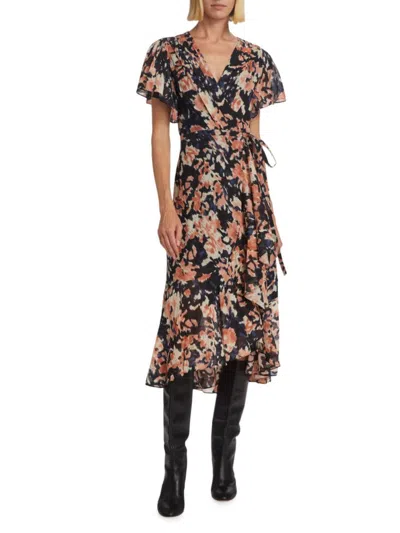 Tanya Taylor Women's Brianna Floral Wrap Silk Blend Midi Dress In Peach Multi