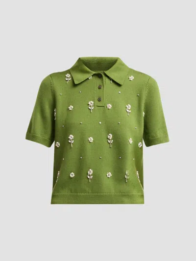 Tanya Taylor Women's Camilla Embroidered Polo Sweater In Sprout