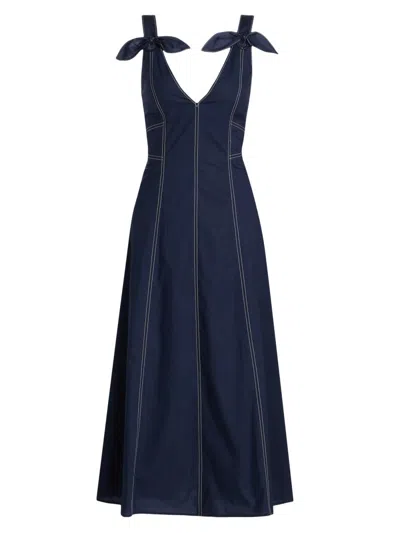Tanya Taylor Caprice V-neck Denim Midi Dress With Bows In Blue