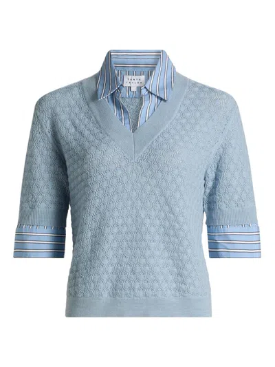 Tanya Taylor Esme Pointelle Knit Layered Look Top In Blue