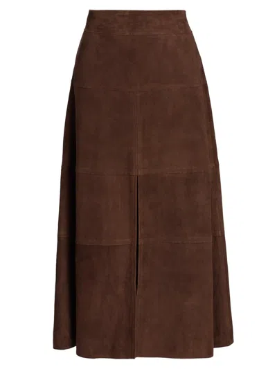 Tanya Taylor Suede Hudson Midi Skirt In Chocolate In Brown